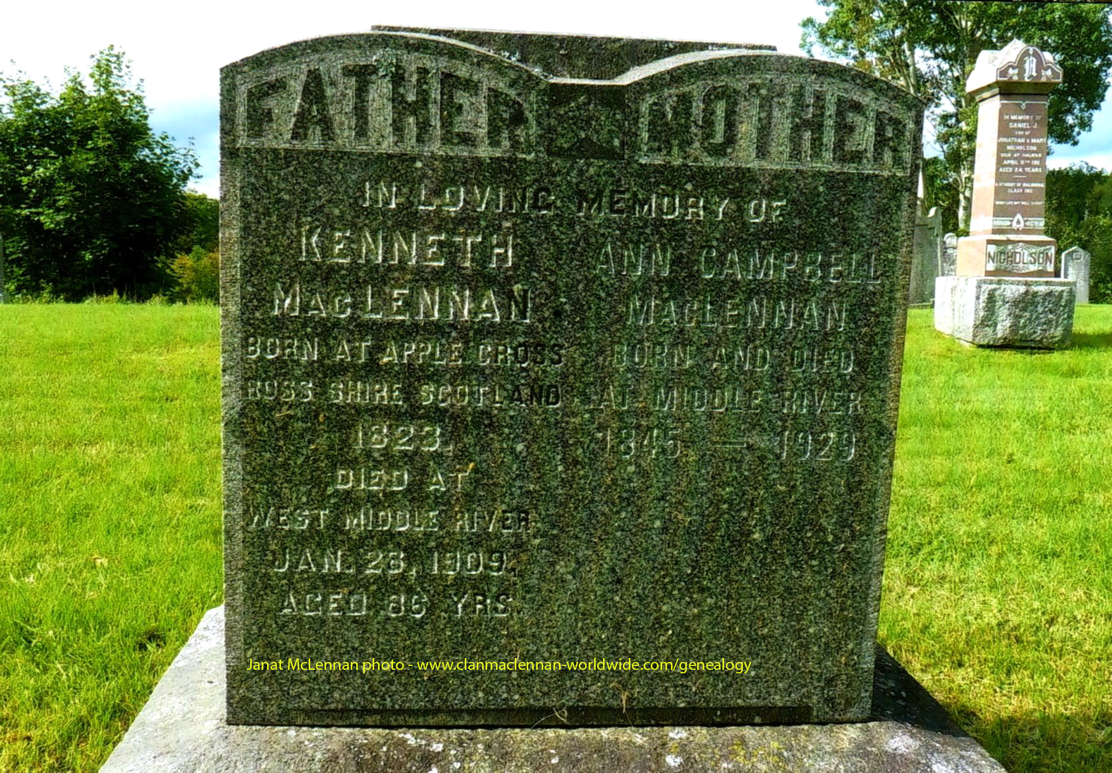 Photo of headstones/Kenneth MacLennan d1909 hdstn middle river cem NS